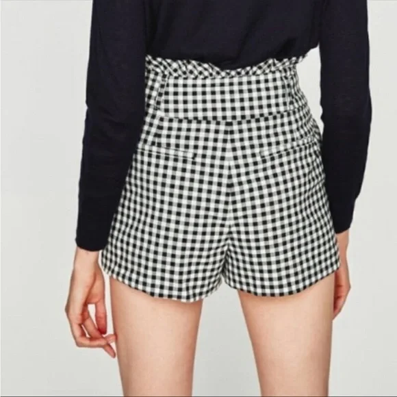 NWOT ZARA High Rise Paperbag Waist Gingham Black & White Plaid Shorts Sz Xs - Picture 10 of 15